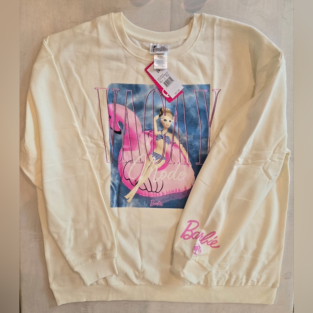 Barbie Vacay Mode Cream Sweatshirt, Pink Flamingo, NWT, Size 2X